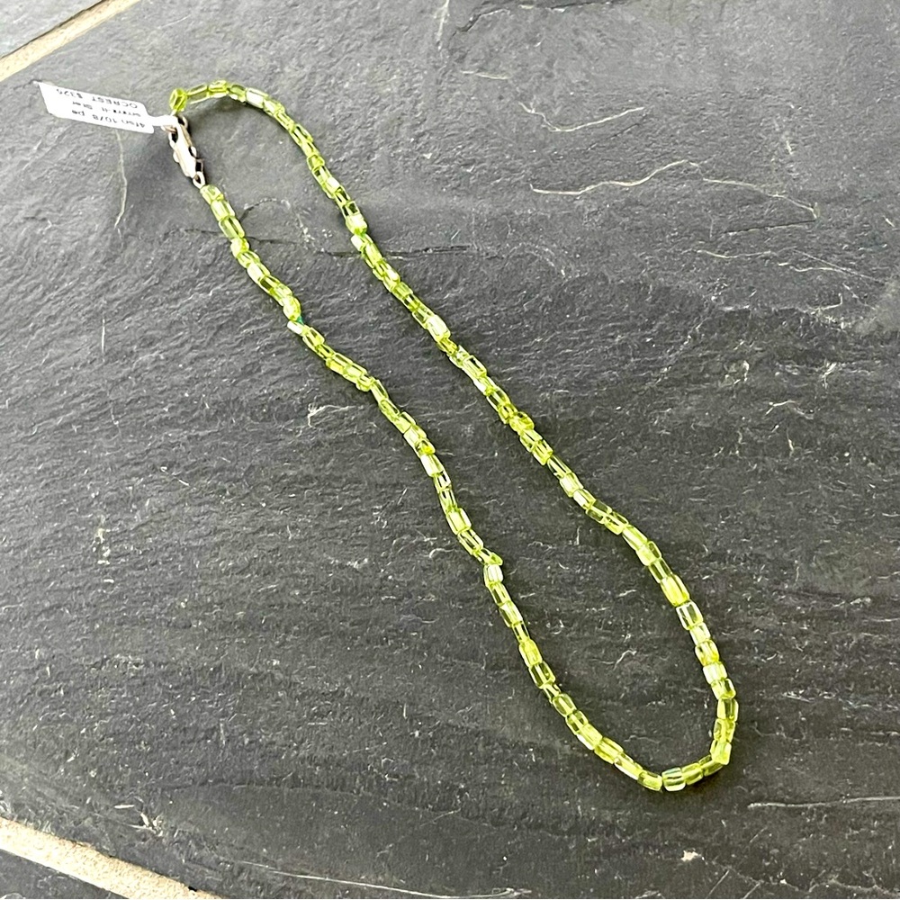 One of A Kind square Peridot Beaded Necklace 15” in length sterling silver clasp